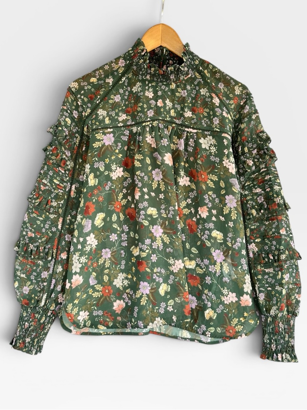 French Connection Olive Green Floral Ruffle-Trim Blouse, Large
